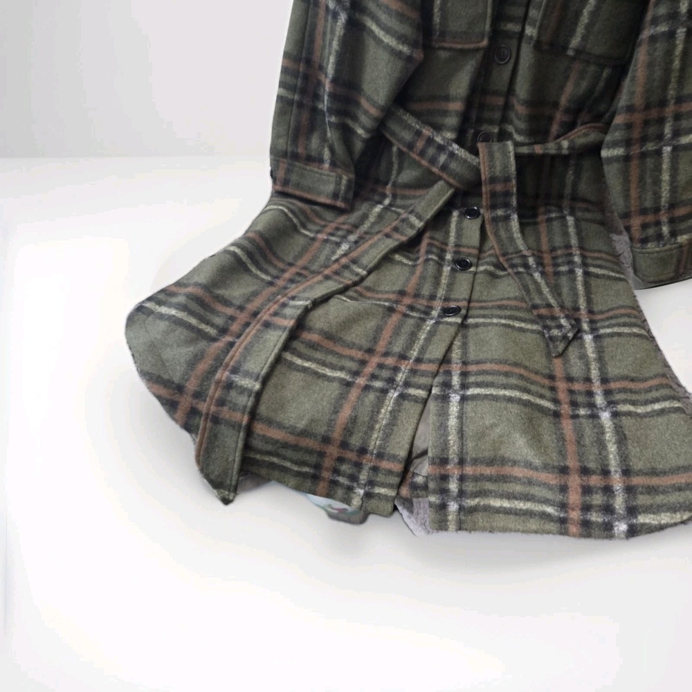ELOQUII Long Plaid Belted Shacket Coat Green Brown Button Front Plus 18/20 - Picture 3 of 11